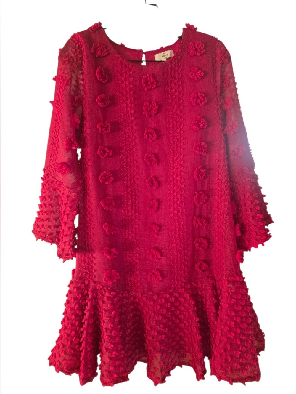 Entro Red Textured Pom-Pom Party Dress for Girls